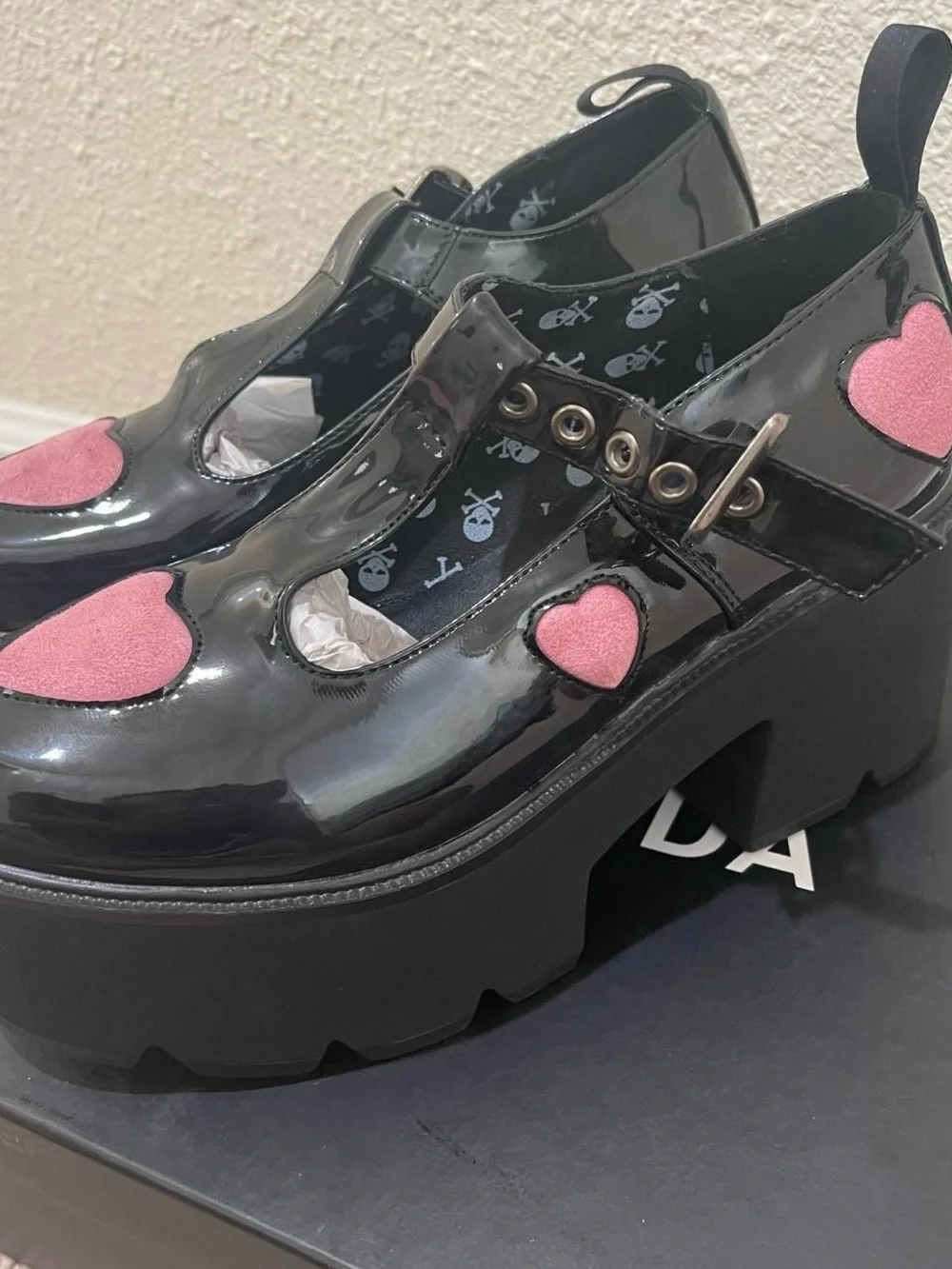 Black Patent Platform Mary Janes with Pink Suede Heart Accents